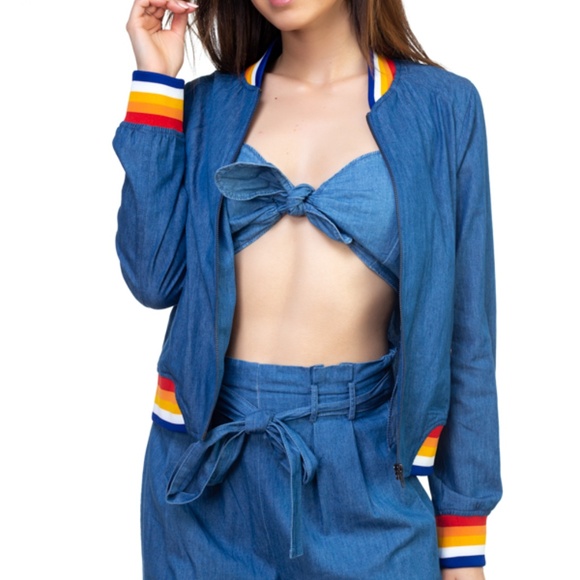 Stripe Chambray Bomber Jacket - Picture 1 of 5